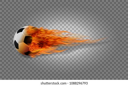 Realistic vector soccer ball in fire on transparent background.