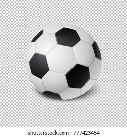 Realistic vector Soccer ball icon closeup isolated on transparency grid background. Design template of Sports Equipment for app, web etc. Clipart, mockup etc
