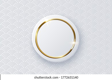 Realistic vector sparkling shiny glowing golden ring on white button isolated on abstract chinese traditional oriental ornament seamless pattern with wave. Round frame with spark light effect