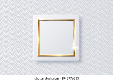 Realistic vector sparkling shiny glowing golden square on white button isolated on abstract chinese traditional oriental ornament pattern with wave. Rectangle frame with spark light effect