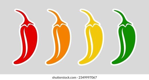 Realistic Vector Spicy Chili Peppers - Red, Orange, Yellow, Green. Jalapeno Pepper Strength Scale Indicator for Mild, Spicy, Hot and Extra Positions Mark