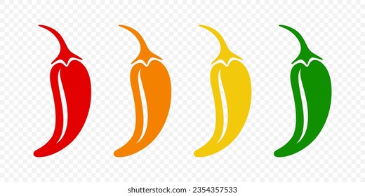 Realistic Vector Spicy Chili Peppers - Red, Orange, Yellow, Green. Jalapeno Pepper Strength Scale Indicator for Mild, Spicy, Hot and Extra Positions Mark