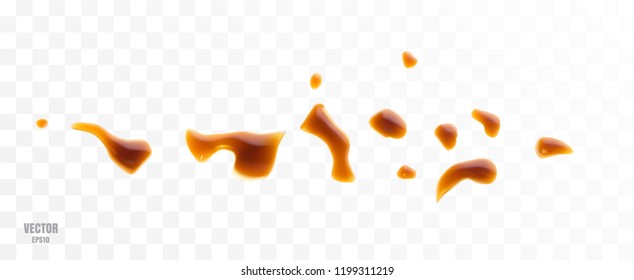 Realistic Vector Spilled Soy Sause Teriyaki Drops. Oyster Sauce or Balsamic Vinegar Puddles on Transparent Background