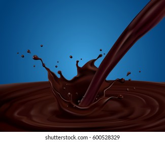 Realistic vector splash of brownish hot coffee or chocolate, on blue background