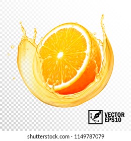 Realistic vector splash of juice orange slice. Editable handmade mesh.eps