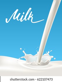 Realistic vector splash with pouring milk on blue background. Handmade lettering