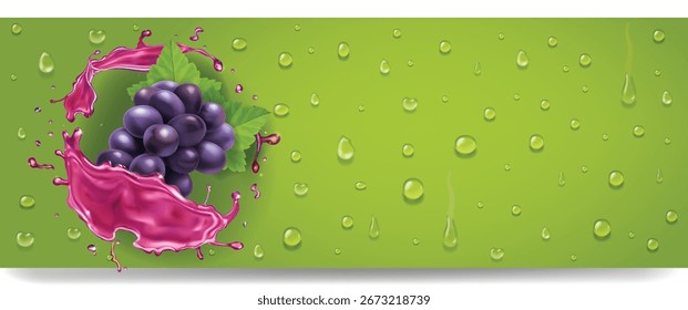 Realistic vector splash of wine or grape juice with red grapes branch on green background with drops. Red grapes juice advertising 3d