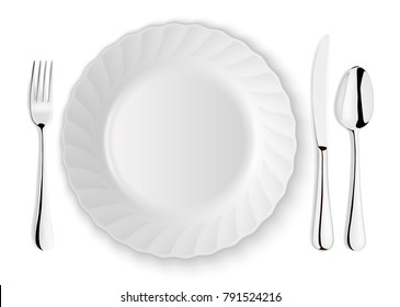 Realistic vector spoon, fork, knife and dish plate closeup isolated on white background. Design template or mock up. Top view