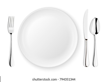 Realistic vector spoon, fork, knife and dish plate closeup isolated on white background. Design template or mock up. Top view