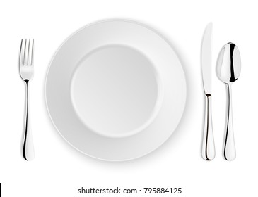 Realistic vector spoon, fork, knife and dish plate closeup isolated on white background. Design template or mock up. Top view