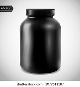 Realistic vector sport nutrition container without label. Whey protein and mass gainer black plastic jar isolated on white background.