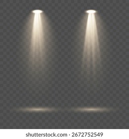 Coleção realista de holofotes vetoriais com vigas de projetor isoladas, iluminação de palco brilhante, luzes de teatro e efeitos de concerto brilhantes em fundo transparente para design de eventos e shows.