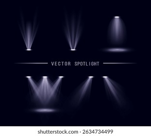 Realistic vector spotlights with glowing beams on dark background. Set of stage lighting effects for shows, theaters, and visual design.

