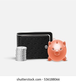 Realistic vector stacks of silver coins, piggy box.