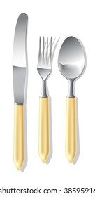 Realistic vector steel spoon, fork and table knife.