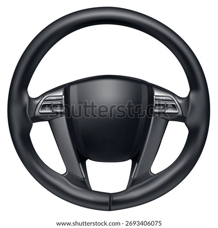 Realistic vector steering wheel car auto parts for steering direction control covered with black leather with control mode on a white background.