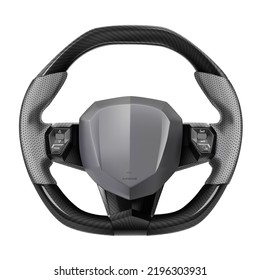 Realistic vector steering wheel supercar auto parts for steering direction control covered with gray rubber and black kevlar pattern with control mode on white background.