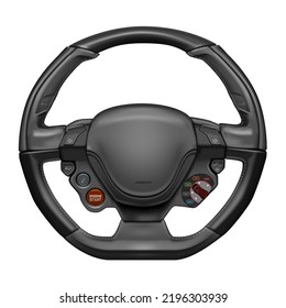 Realistic vector steering wheel supercar auto parts for steering direction control covered with gray leather and black kevlar pattern with control mode on a white background.