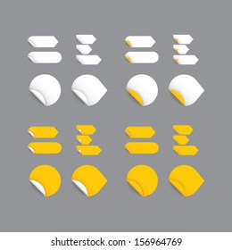 Realistic vector stickers - yellow collection. Modern design, blank stickers with space for your text or sign. Stickers, marks, arrows with rolled corner. Soft, realistic shadows.