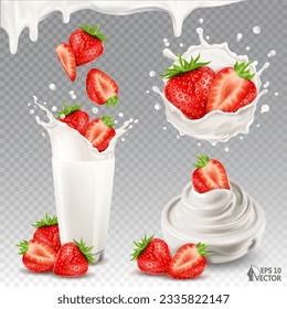 Fresa vectorial realista en leche o yogur con gotas. Tazón de yogur natural o crema. Bayas maduras cayendo en un vaso de leche fresca. 3 quinquies conjuntos de ilustraciones alimenticias aisladas, recolección de fresa