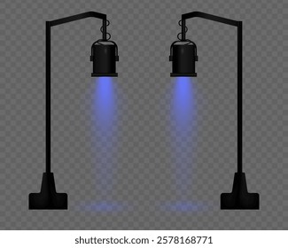 Realistic vector street lamp with blue light on a transparent background. Black metal body, suspended structure, soft lighting, beam effect, projector, reflection