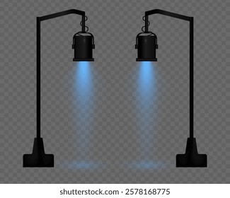 Realistic vector street lamp with blue light on a transparent background. Black metal body, suspended structure, soft lighting, beam effect, projector, reflection