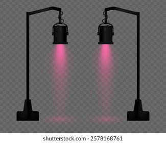 Realistic vector street lamp with pink light on a transparent background. Black metal body, suspended structure, soft lighting, beam effect, projector, reflection