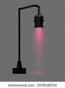 Realistic vector street lamp with pink light on a transparent background. Black metal body, suspended structure, soft lighting, beam effect, projector, reflection.