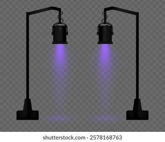 Realistic vector street lamp with purple light on a transparent background. Black metal body, suspended structure, soft lighting, beam effect, projector, reflection