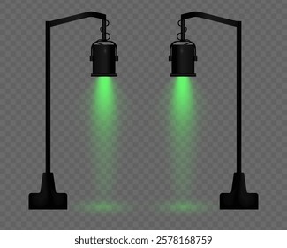 Realistic vector street lamp with warm green light on a transparent background. Black metal body, suspended structure, soft lighting, beam effect, projector, reflection