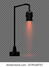 Realistic vector street lamp with warm orange light on a transparent background. Black metal body, suspended structure, soft lighting, beam effect, projector, reflection.