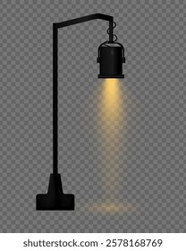 Realistic vector street lamp with warm orange light on a transparent background. Black metal body, suspended structure, soft lighting, beam effect, projector, reflection.