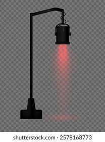 Realistic vector street lamp with warm red light on a transparent background. Black metal body, suspended structure, soft lighting, beam effect, projector, reflection.