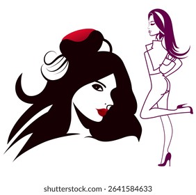 Realistic vector stylish beautiful model. Young attractive daydreaming woman with fantastic look on white background