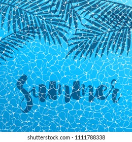 Realistic vector summer poster. Blue water and palm leafs top view. 