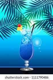 Realistic vector summer poster with Blue Hawaii cocktail.