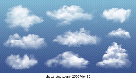 Realistic vector summer sky cloud, fire smoke with overlay texture, fog, nature element and weather symbol collection on blue transparent background. Cloud silhouette, cyberspace or food smoky pattern