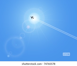 Realistic vector sun and airplane with lenses flare. No mesh.