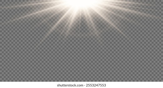 Realistic vector sun rays, radial light isolated on transparent background. Sunshine from star, sunbeam,sun rays, dawn, glare