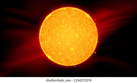 Realistic vector sun shining against the background of the starry space. Giant fiery sphere with a detailed surface, dazzling flares, protuberances and red solar corona. Full HD cosmic wallpaper. 