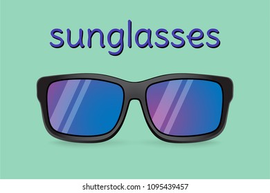 Realistic vector sunglasses on a blue background. Summer banner. Sunglasses icon or silhouette. Vector design illustration.
