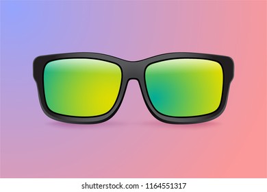 Realistic vector sunglasses on a yellow background. Summer banner. Sunglasses icon or silhouette. Vector design illustration.