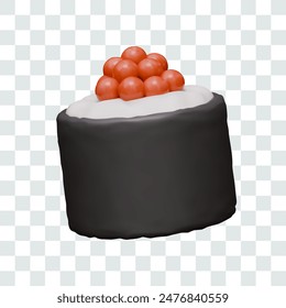 Realistic vector sushi roll, side view. Traditional Japanese dish with seaweed, rice, red caviar