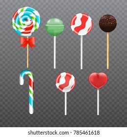 Realistic Vector Sweet Lollipop Candy set isolated on transparent backdrop. 