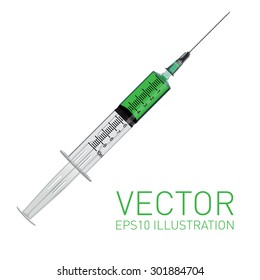 Realistic vector syringe with drop bright green liquid isolated on white background