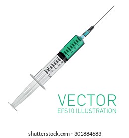 Realistic vector syringe with drop turquoise liquid isolated on white background