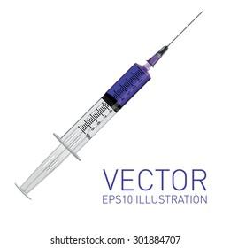 Realistic vector syringe with drop violet liquid isolated on white background