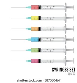 Realistic vector syringes with colored liquid. Vaccine Vector, JPEG, Object, Picture, Image, Graphic, Art, JPG, EPS.