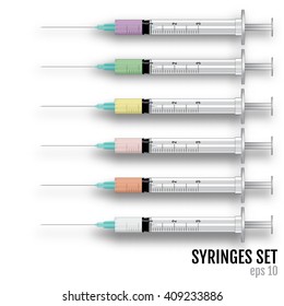 Realistic vector syringes with colored liquid. Vaccine Vector.