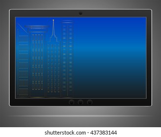 Realistic vector tablet computer with blue screen image on a grey background 